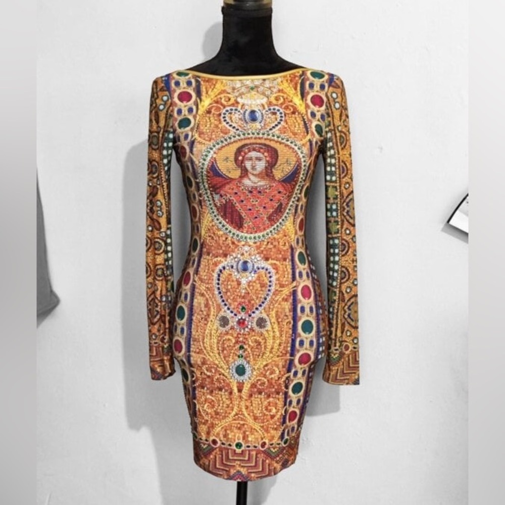 Va Va Voom Gold Mosaic Jewel-Print Long Sleeve Bodycon Dress